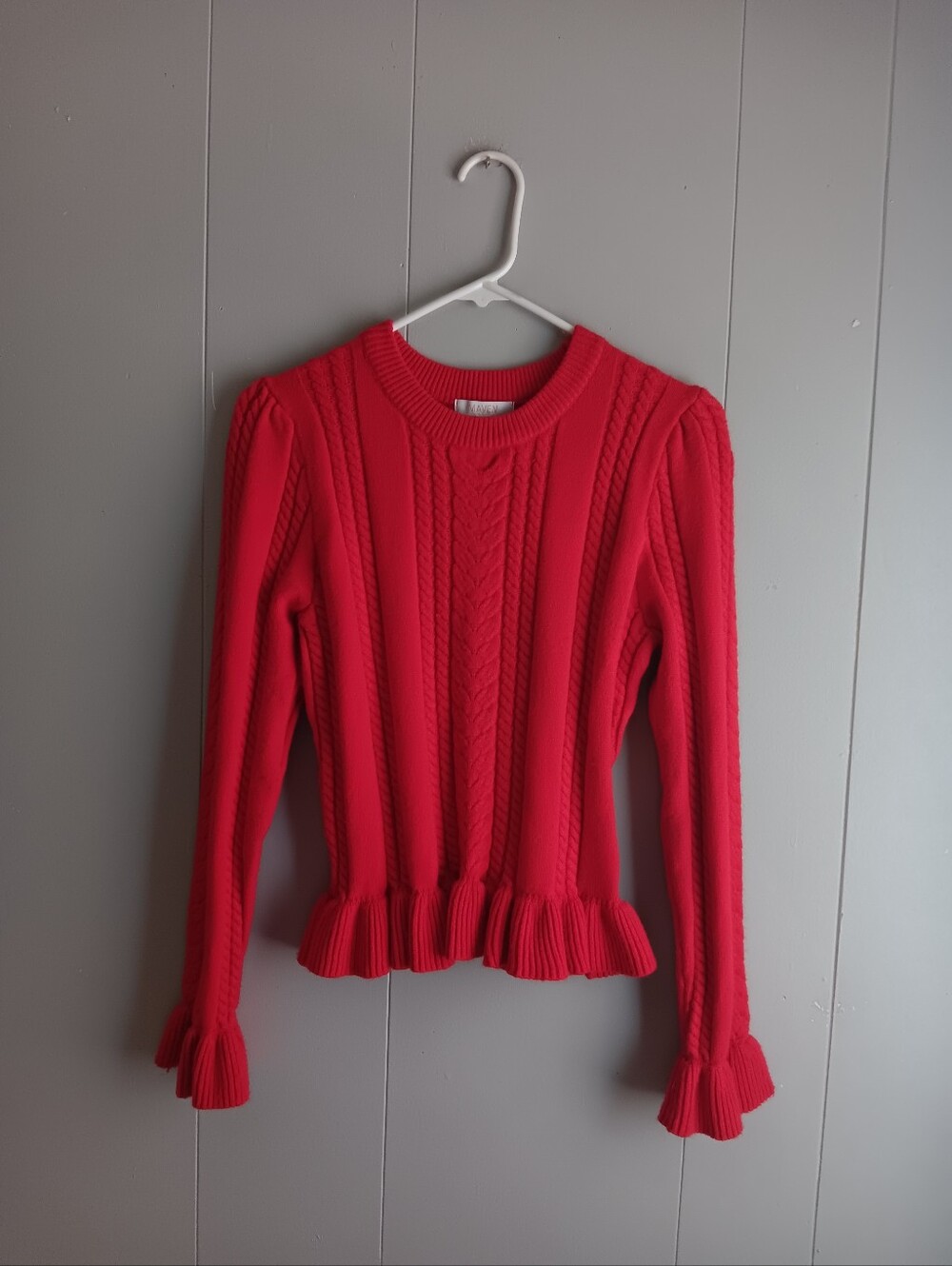 Women’s Red Cable Knit Ruffle Hem Sweater